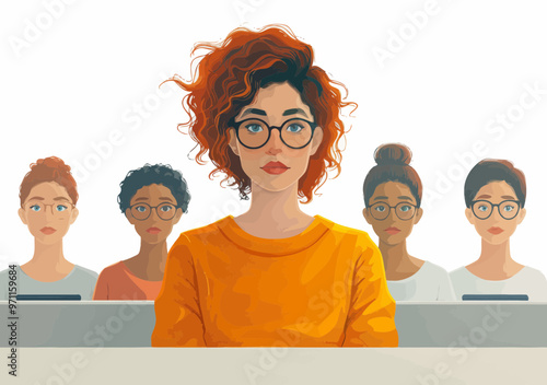 Female Business Leader Presenting to Team in Educational Workshop, Minimalistic Vector Illustration of Professional Women in a Meeting Setting, Daytime, Learning and Collaboration