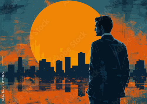 Business Leader Presenting Strategy Illustration with City Skyline and Sunset - Minimalistic Vector Art Depicting Corporate Planning and Visionary Leadership