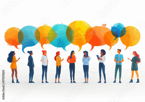 Business People Engaging in Discussion with Colorful Speech Bubbles, Communication Concept, Minimalistic Vector Illustration for Teamwork and Collaboration Ideas