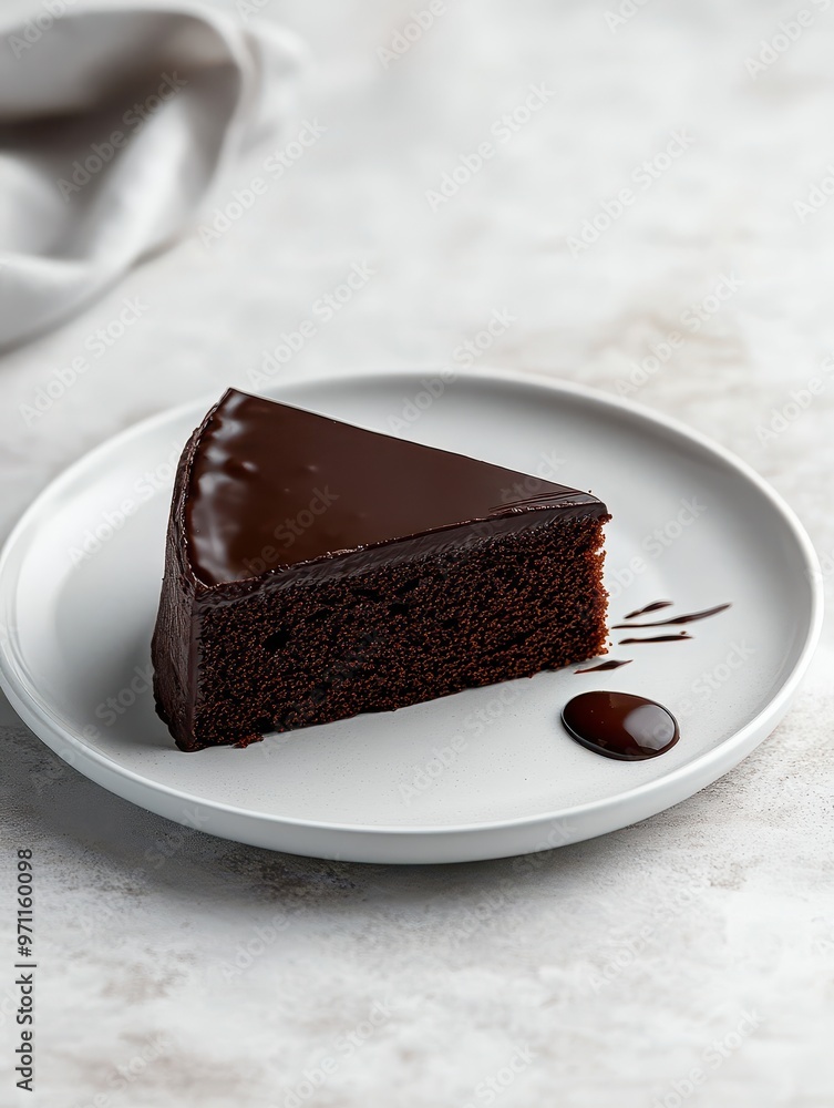 A slice of rich chocolate cake on a white plate, garnished with a chocolate drizzle. A slice of rich chocolate cake on a white plate, garnished with a chocolate drizzle.