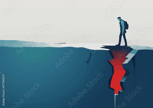 Manager Examining a Large Crack in Ground Conceptual Illustration for Business Challenges, Obstacles, and Failures at Twilight