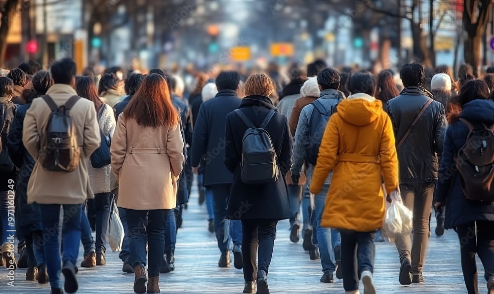 Obraz premium A crowded urban street scene with people walking in various directions.