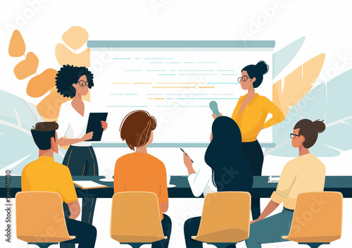 Business Team in Meeting Listening to Female Leader Giving Presentation on Modern Office Whiteboard, Workshop Education Concept, Vector Illustration