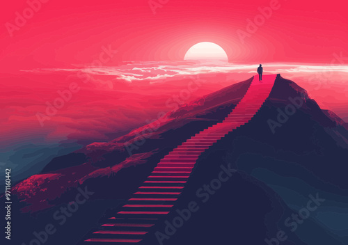 Businessman Climbing Stairway to Success at Sunrise, Abstract Minimalist Vector Illustration, Achieving Goals, Reaching the Top, Overcoming Challenges, Inspirational Business Journey
