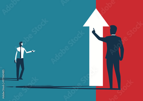 Business Leader Pointing to Growth Arrow with Colleague, Startup Career Concept Illustration, Minimalistic Design, Daytime Setting, Motivational, Business Advancement Theme