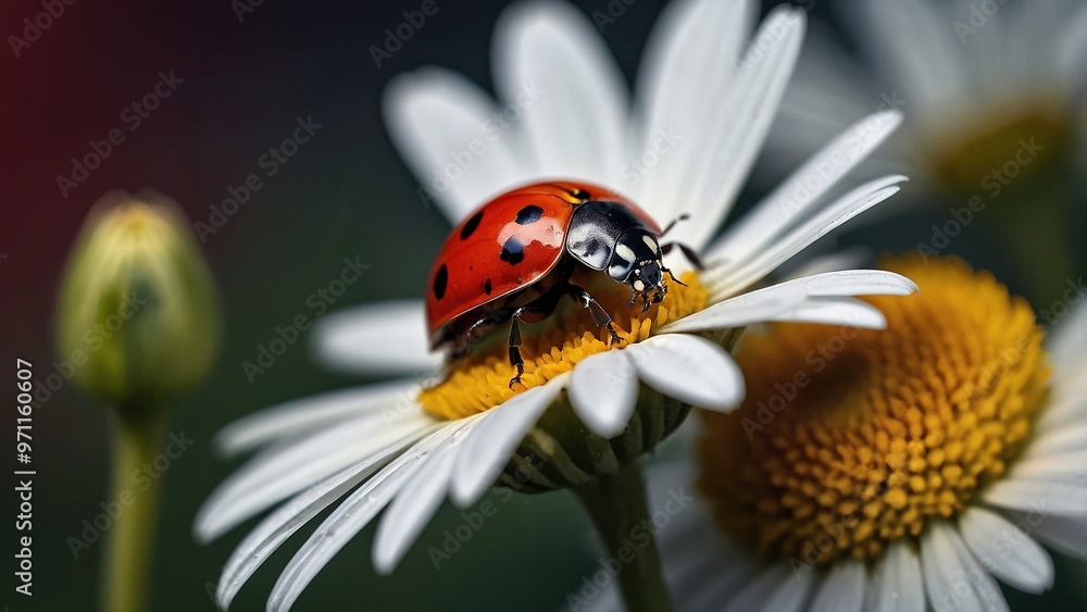 Colorful Ladybug Resting on a Bright Daisy Flower in a Garden Setting Colorful Ladybug Resting on a Bright Daisy Flower in a Garden Setting