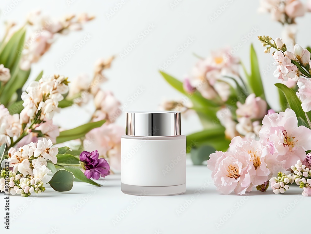 Elegant skincare jar surrounded by vibrant flowers, ideal for beauty and wellness branding. Elegant skincare jar surrounded by vibrant flowers, ideal for beauty and wellness branding.