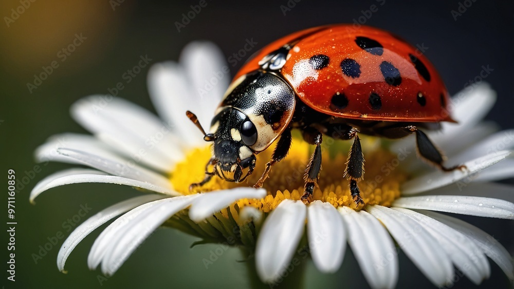 Colorful Ladybug Resting on a Bright Daisy Flower in a Garden Setting Colorful Ladybug Resting on a Bright Daisy Flower in a Garden Setting