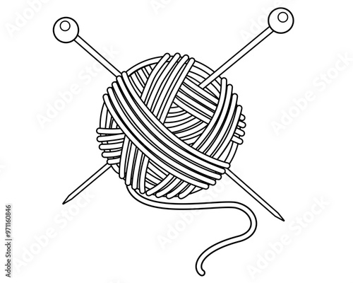 Threads and knitting needles - Knitting set - vector linear illustration for coloring, logo or pictogram. A round ball of yarn with stuck-in needles for a sign or icon. Outline	