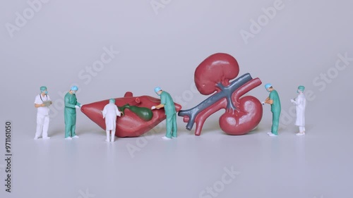 Group of miniature surgeons and nurses conducting a procedure on huge liver and kidney models, illustrating medical practice and anatomy.