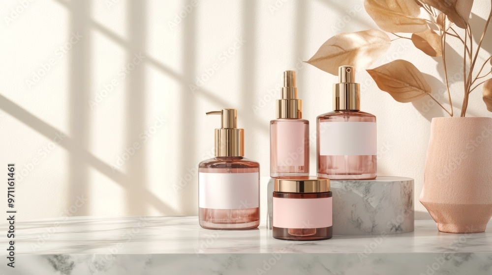 Luxurious Skincare Products Display on Marble Background with Soft Lighting Luxurious Skincare Products Display on Marble Background with Soft Lighting
