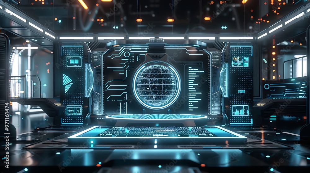 An ultra-modern 3D podium showcasing advanced technology themes, surrounded by translucent screens, holographic interfaces, and complex circuitry. The atmosphere exudes a futuristic feel, An ultra-modern 3D podium showcasing advanced technology themes, surrounded by translucent screens, holographic interfaces, and complex circuitry. The atmosphere exudes a futuristic feel,