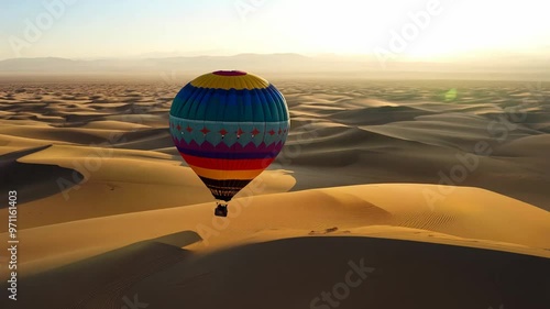 Colorful Hot Air Balloon Floating Over Vast Desert Landscape at Sunset photo