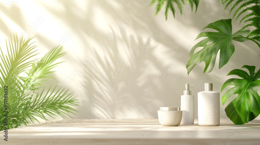 Modern Chic Skincare Background with Beauty Products on Light Wooden Surface for Beauty Campaigns and Advertisements Modern Chic Skincare Background with Beauty Products on Light Wooden Surface for Beauty Campaigns and Advertisements