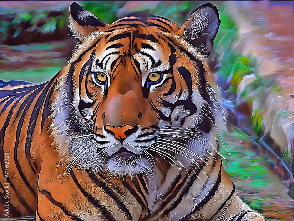 Naklejka premium Digital painting of a Bengal tiger in vibrant colors