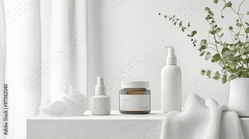 Elegant Skincare Product Display with Minimalistic Decor and Soft Lighting for Beauty Concept Design