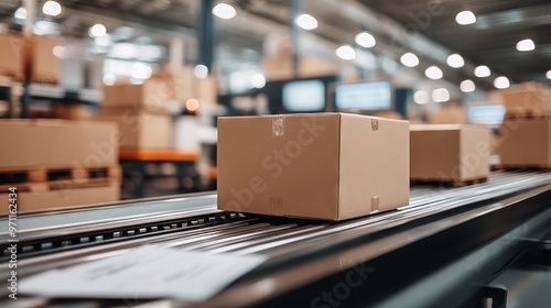 Close-Up of Boxes on Conveyor Belt in Warehouse with Blurred Office Background. AI generated illustration