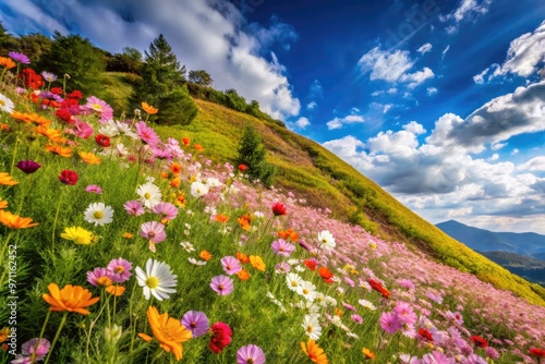 Vibrant flowers blooming on a scenic hillside, symbolizing growth and renewal, with a subtle faint calendar in the background, highlighting natural rhythms and cycles. photo