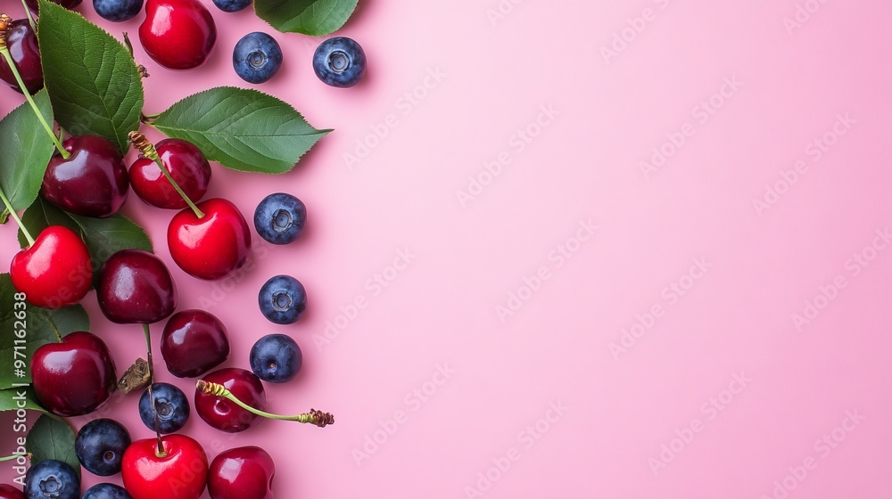 Flat Lay of Cherries and Blueberries on Pink Background with Copy Space. AI generated illustration Flat Lay of Cherries and Blueberries on Pink Background with Copy Space. AI generated illustration