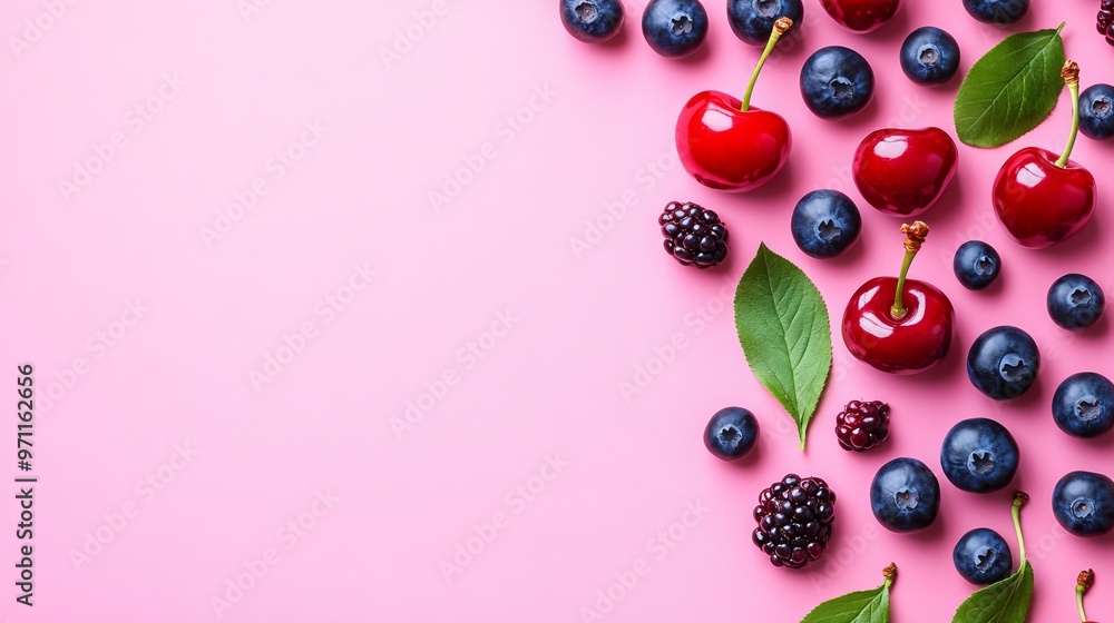 Flat Lay of Cherries and Blueberries on Pink Background with Copy Space. AI generated illustration Flat Lay of Cherries and Blueberries on Pink Background with Copy Space. AI generated illustration