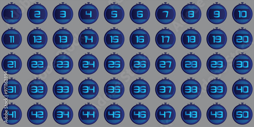 Numbers, stopwatch design 1 to 50, blue circle timer