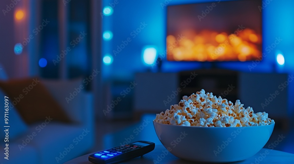 Popcorn and Remote Control on Table with Blurred Living Room Background and Blue Lights. AI generated illustration Popcorn and Remote Control on Table with Blurred Living Room Background and Blue Lights. AI generated illustration