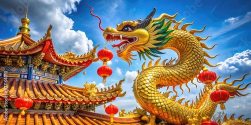 Vibrant golden dragon coils around intricately designed Chinese pagoda, adorned with red lanterns and ornate architectural details, set against a stunning blue sky background.