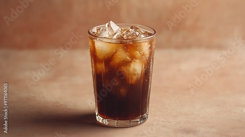 Cold brew coffee in a glass with ice, placed on a plain surface with empty space around it