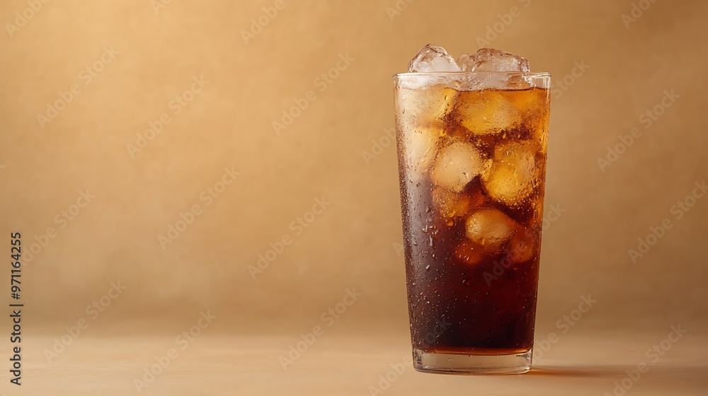Cold soda with ice in a tall glass, set on a neutral background with a large empty space around Cold soda with ice in a tall glass, set on a neutral background with a large empty space around