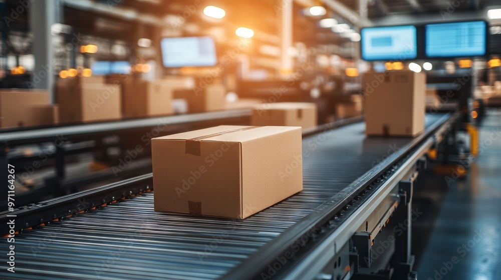 Close-Up of Boxes on Conveyor Belt in Warehouse with Blurred Office Background. AI generated illustration Close-Up of Boxes on Conveyor Belt in Warehouse with Blurred Office Background. AI generated illustration