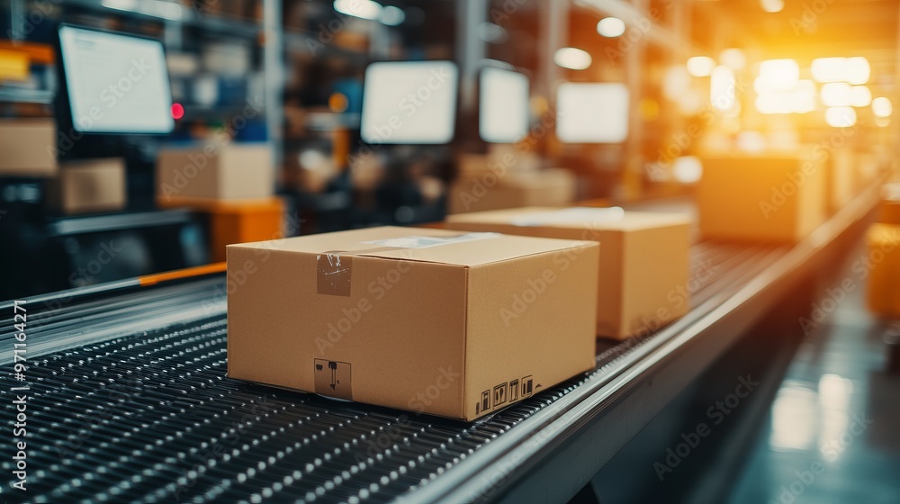 Close-Up of Boxes on Conveyor Belt in Warehouse with Blurred Office Background. AI generated illustration Close-Up of Boxes on Conveyor Belt in Warehouse with Blurred Office Background. AI generated illustration