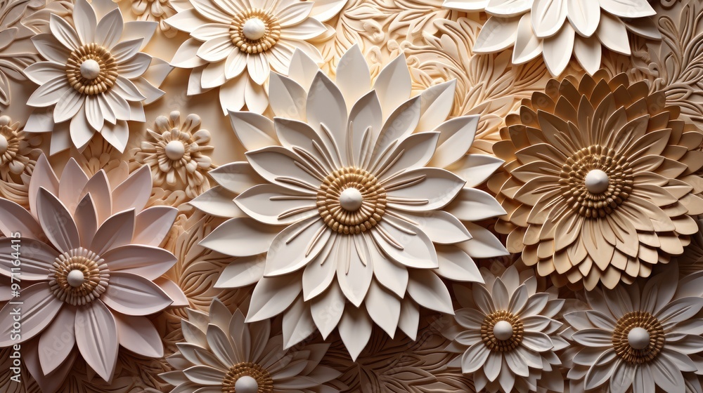 Light decorative texture of plaster wall with volumetric decorative flowers. Light decorative texture of plaster wall with volumetric decorative flowers.