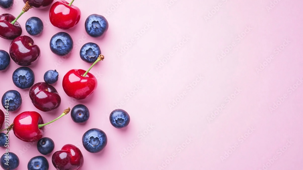 Flat Lay of Cherries and Blueberries on Pink Background with Copy Space. AI generated illustration Flat Lay of Cherries and Blueberries on Pink Background with Copy Space. AI generated illustration