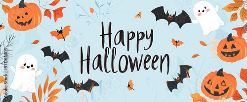 Halloween wallpaper pattern in cute cartoon style with symbols like a pumpkin, bat and ghost. Happy Halloween! photo