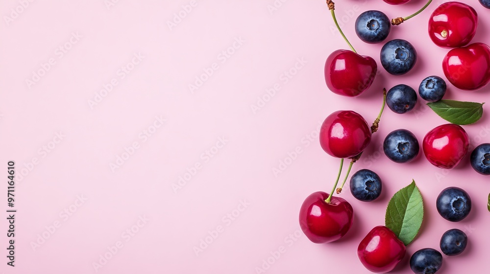 Flat Lay of Cherries and Blueberries on Pink Background with Copy Space. AI generated illustration Flat Lay of Cherries and Blueberries on Pink Background with Copy Space. AI generated illustration