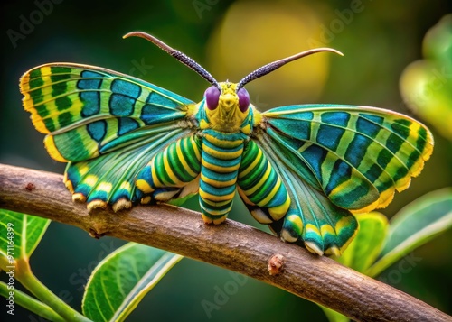 Vibrant green asp caterpillar moth with distinctive yellow stripes and iridescent blue wings perched on a branch with delicate leaves and intricate veins.