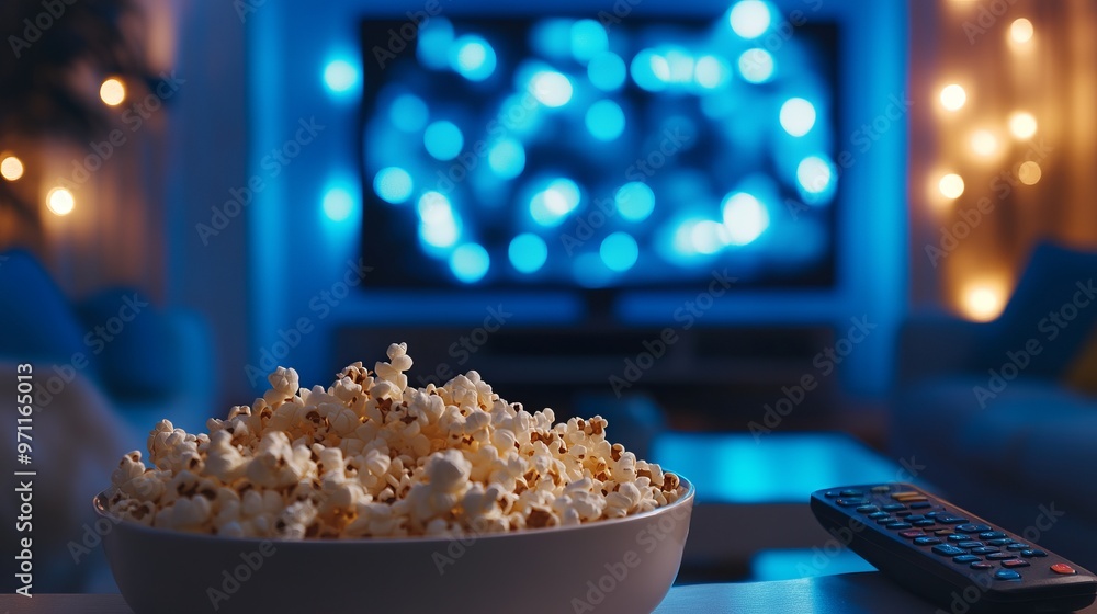 Popcorn and Remote Control on Table with Blurred Living Room Background and Blue Lights. AI generated illustration Popcorn and Remote Control on Table with Blurred Living Room Background and Blue Lights. AI generated illustration