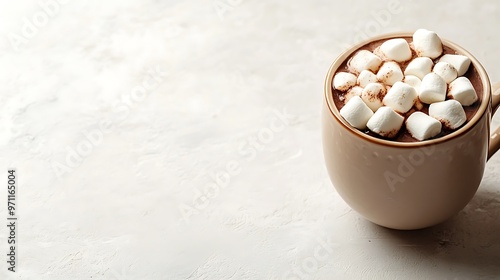 Hot chocolate in a mug with marshmallows, placed on a clean background with plenty of free space for text photo