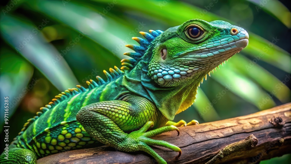 Vibrant green Draco lizard perched on branch, tail wrapped around, showing off vibrant scales and intricate patterns, perfect for exotic pet or wildlife enthusiasts. Vibrant green Draco lizard perched on branch, tail wrapped around, showing off vibrant scales and intricate patterns, perfect for exotic pet or wildlife enthusiasts.