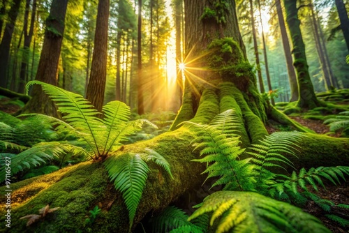 Vibrant green ferns and moss adorn ancient tree trunks, surrounded by soft sunlight filtering through a dense forest, evoking a sense of serenity and tranquility. photo