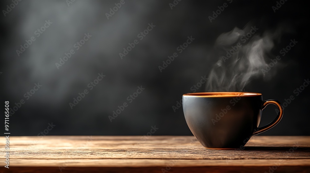 Steaming cup of black coffee on a wooden surface, with a minimalist background providing plenty of space for design Steaming cup of black coffee on a wooden surface, with a minimalist background providing plenty of space for design