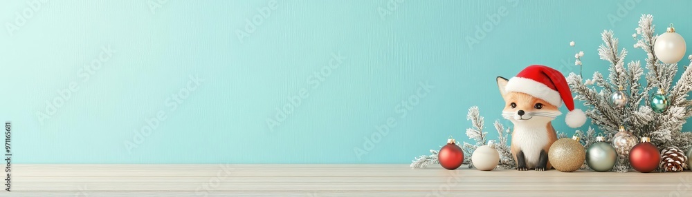 creative animal concept, A smart fox wearing a Santa hat, standing next to a table full of Christmas ornaments, with a vibrant holiday backdrop and space for text creative animal concept, A smart fox wearing a Santa hat, standing next to a table full of Christmas ornaments, with a vibrant holiday backdrop and space for text
