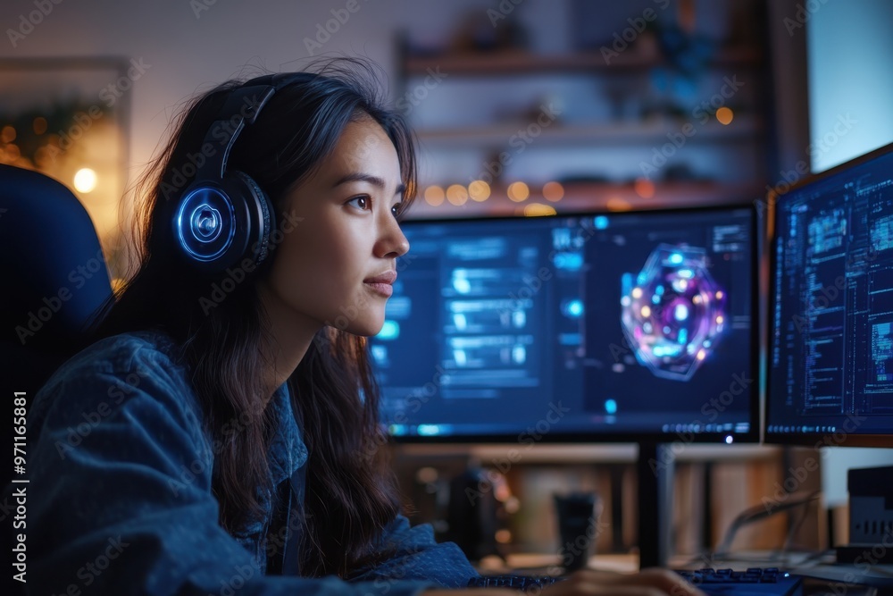 A gamer, immersed in their game setup with multiple monitors, wears headphones and focuses intensely, representing the passion and engagement in the world of digital gaming. A gamer, immersed in their game setup with multiple monitors, wears headphones and focuses intensely, representing the passion and engagement in the world of digital gaming.