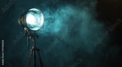 Vintage Spotlight with Smoke on Black Background, Old Movie Theater Light on Tripod. AI generated illustration