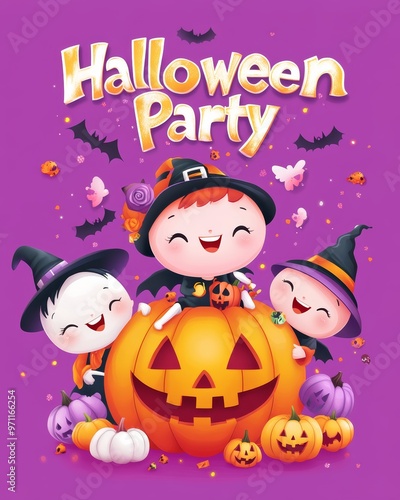 Halloween party invitation or greeting card design template. Happy, cute cartoon characters on purple background.