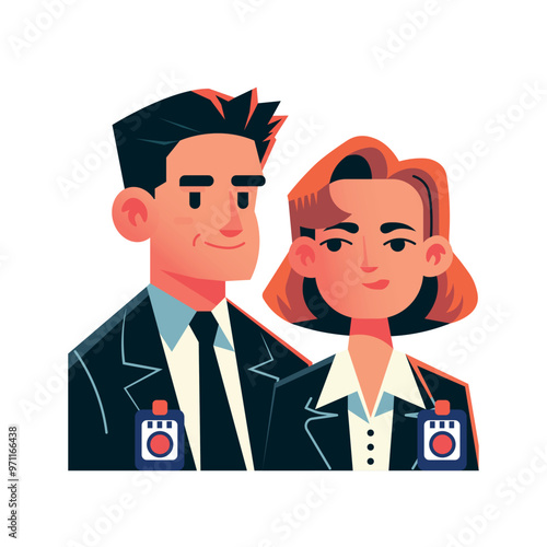 A vector illustration depicting a male and female professional, both in business attire with ID badges, standing together. Male and female police officers. 