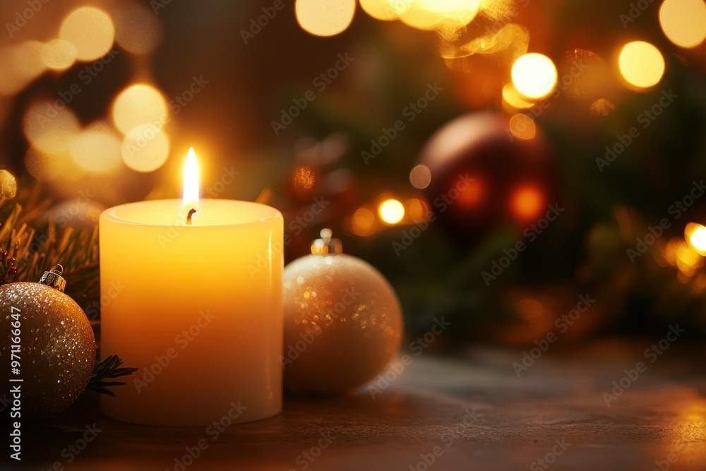 A Burning Candle with Christmas Ornaments and Bokeh Lights A Burning Candle with Christmas Ornaments and Bokeh Lights