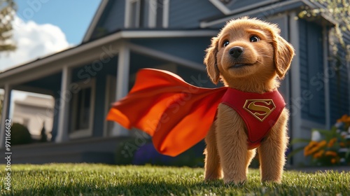 A puppy wearing a superhero costume, standing proudly in front of a house with a cape flowing in the wind photo