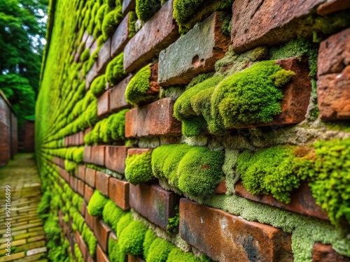 Vibrant green moss thrives on weathered brick walls, softly illuminating ancient mortar lines, adding a serene touch to rustic, aged architecture. photo