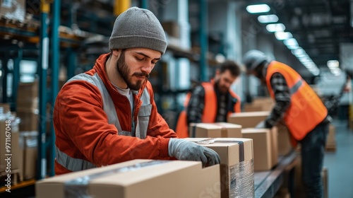 Warehouse workers packaging boxes on a conveyor belt in a distribution center